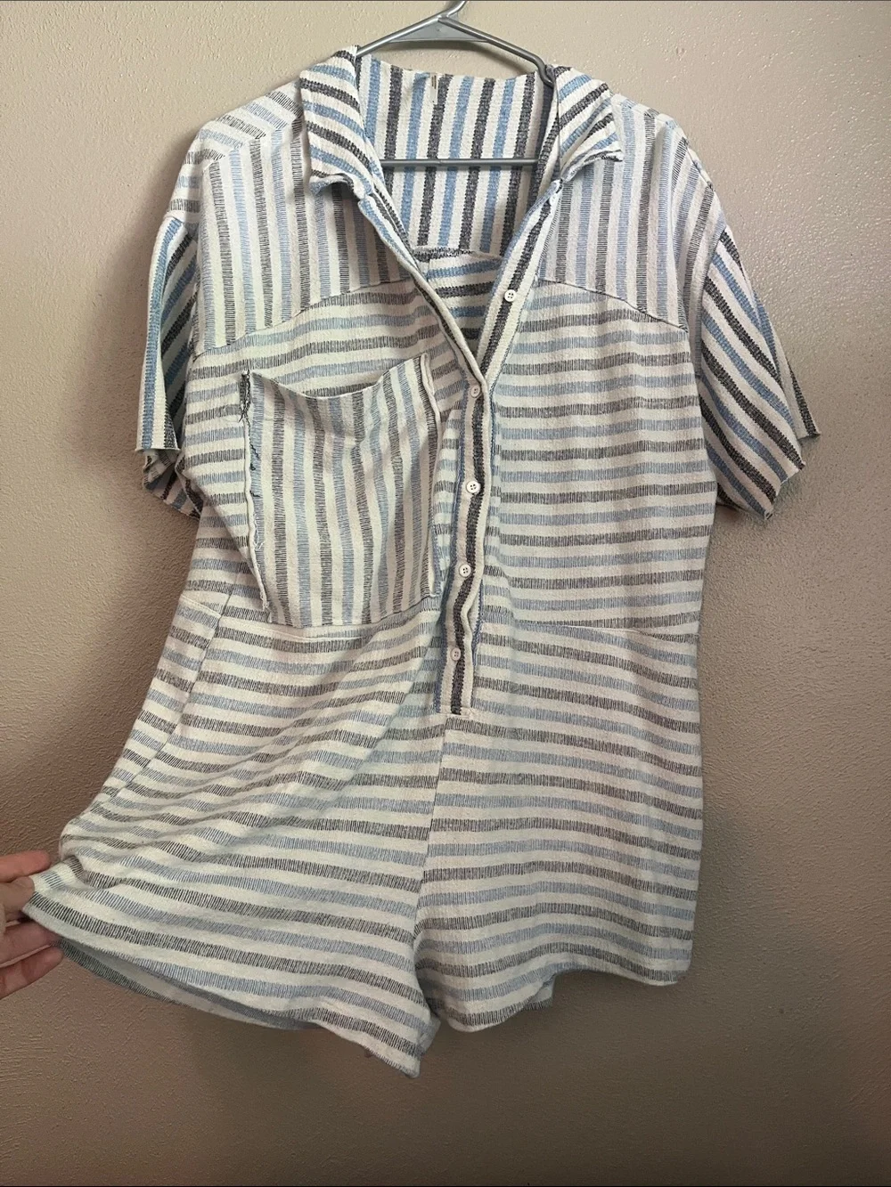 Free People Blue and White Striped Short Sleeve Romper - Picture 1 of 6